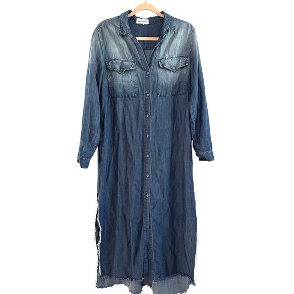 BELLA DAHL Tencel Lyocell Denim Chambray Split Raw Hem Shirt Dress Tab Sleeve M - Picture 3 of 7